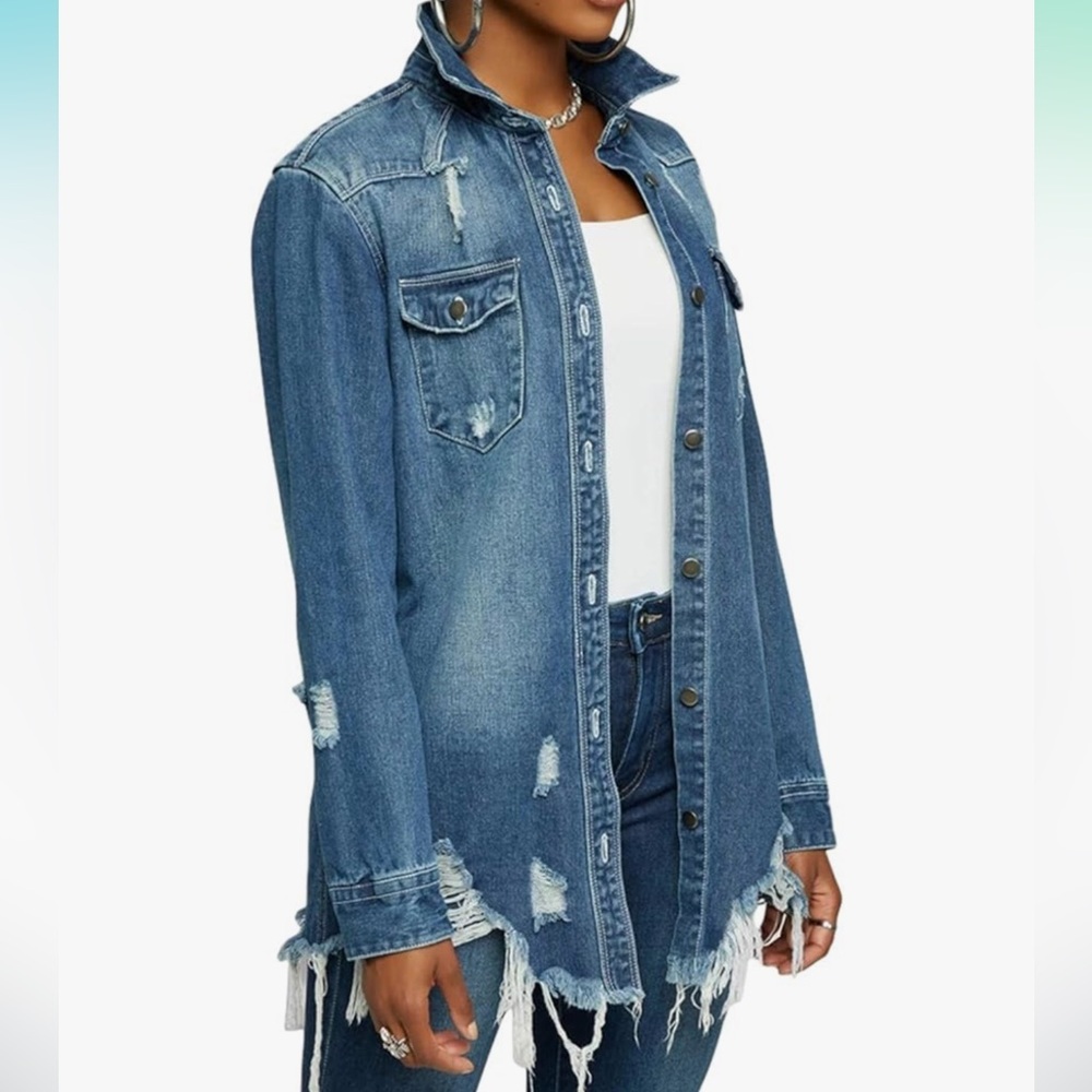 NWT Distressed Blue Jean Jacket frayed hem